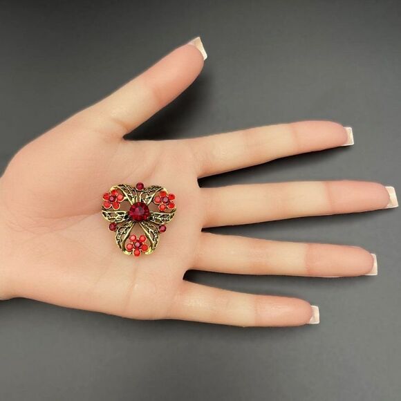 Yellow Gold with Ruby Red and Garnet Red Crystal Flower Pin Back Brooch - Picture 9 of 9